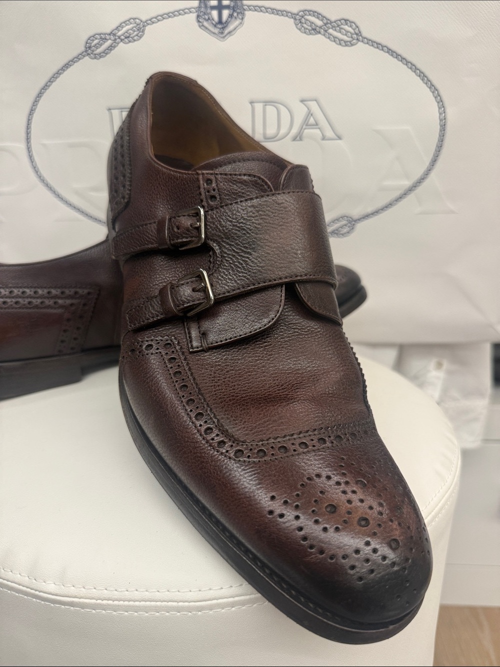 Prada Men’s Dark Brown Double Monk-Strap Brogue Oxfords